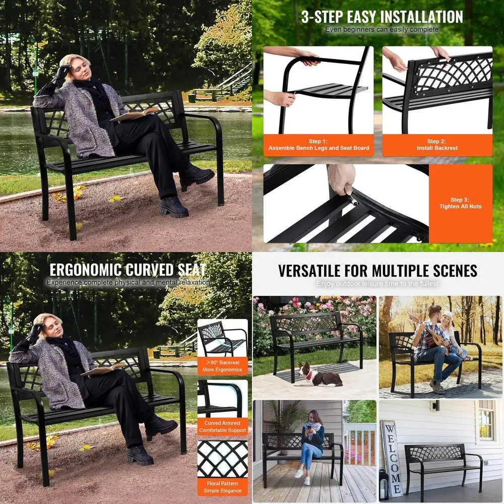 

Mesh Pattern Steel Frame Outdoor Bench with Plastic Armrests, 46 Patio Furniture for Garden, Park, Yard, Porch