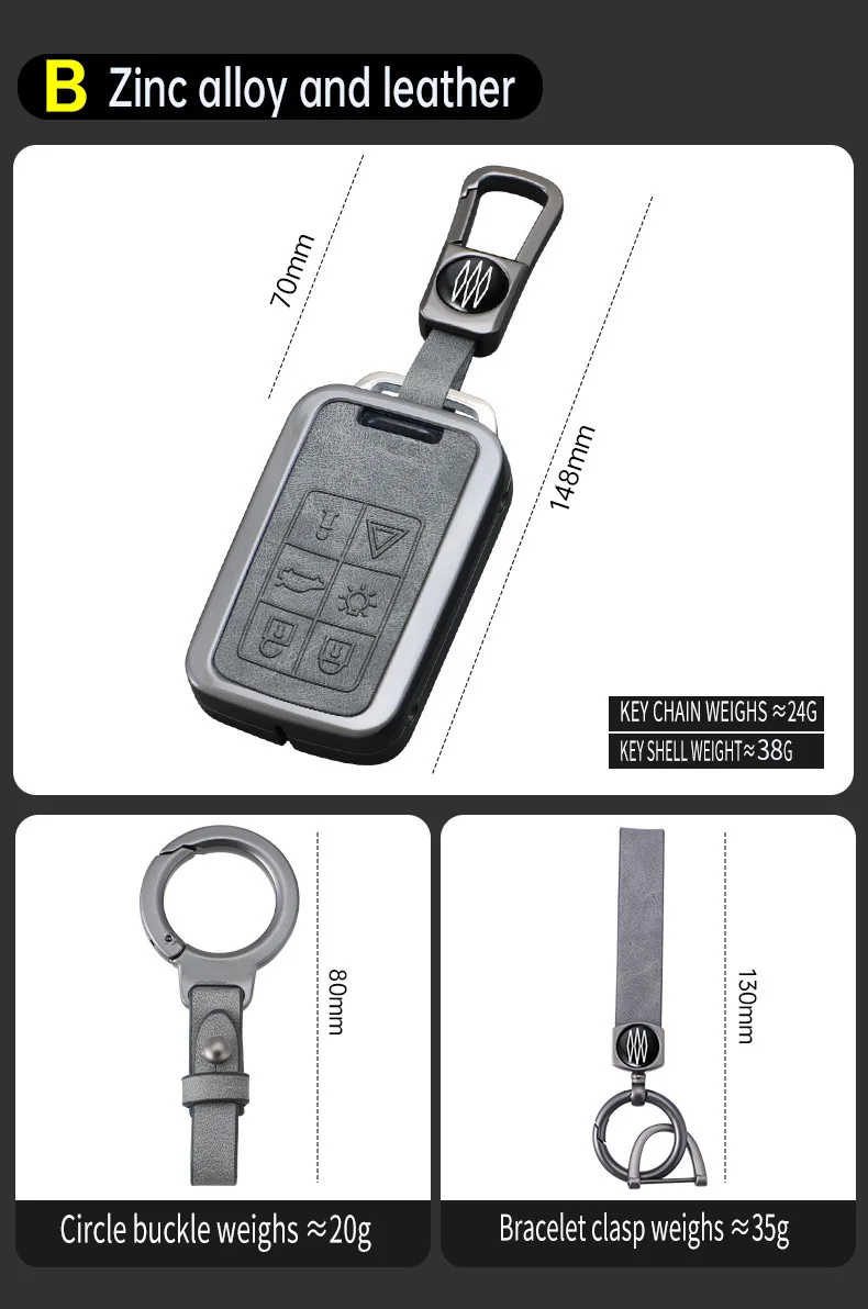 5/6 Buttons Zinc Alloy+ Leather Car Remote Key Case Cover Protection Holder Shell Key Fob For Volvo XC60 V60 S60 S80 XC70 V40