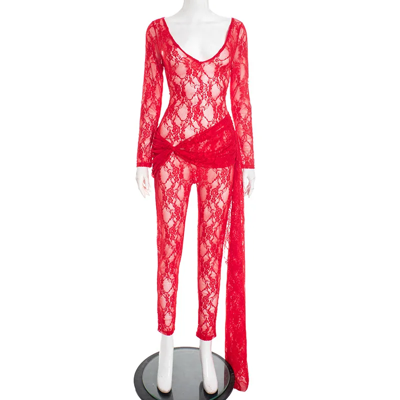 Vrouwen See Through Lace Jumpsuits Zijlint Sexy Diepe V-hals Lange Mouw Ruches Booty Lifting Night Clubwear Party Overalls