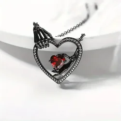 Gothic Style Women's Fashion Necklace, Hollow Heart Promise Pendant with Red Zirconia, Copper Necklace, Synthetic Cubic Zirconia