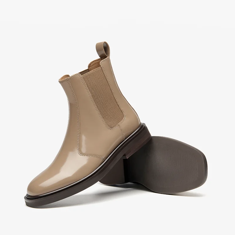 BEAUTODAY Chelsea Boots donna PVC pelle di mucca punta tonda Soild colore lucido lunghezza caviglia 2023 scarpe da donna invernali fatte a mano 03714