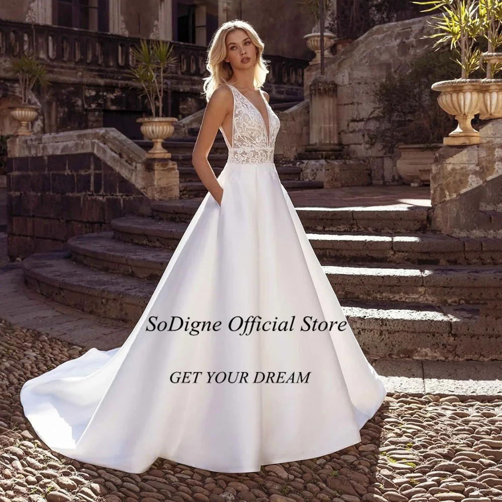 SoDigne A Line Wedding Dress Robe De Mariee Deep V Neck Applique Wedding Dresses For Bride With Pockets Elegant Customized