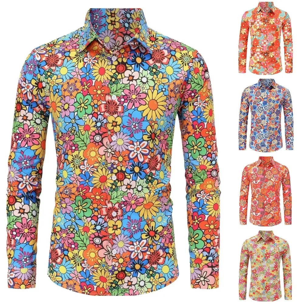 Halloween Men's Long Sleeve Shirt Hippie Men's 70s Disco Hip Hop Button Flower Retro New Men'S Casual Blouse Tops