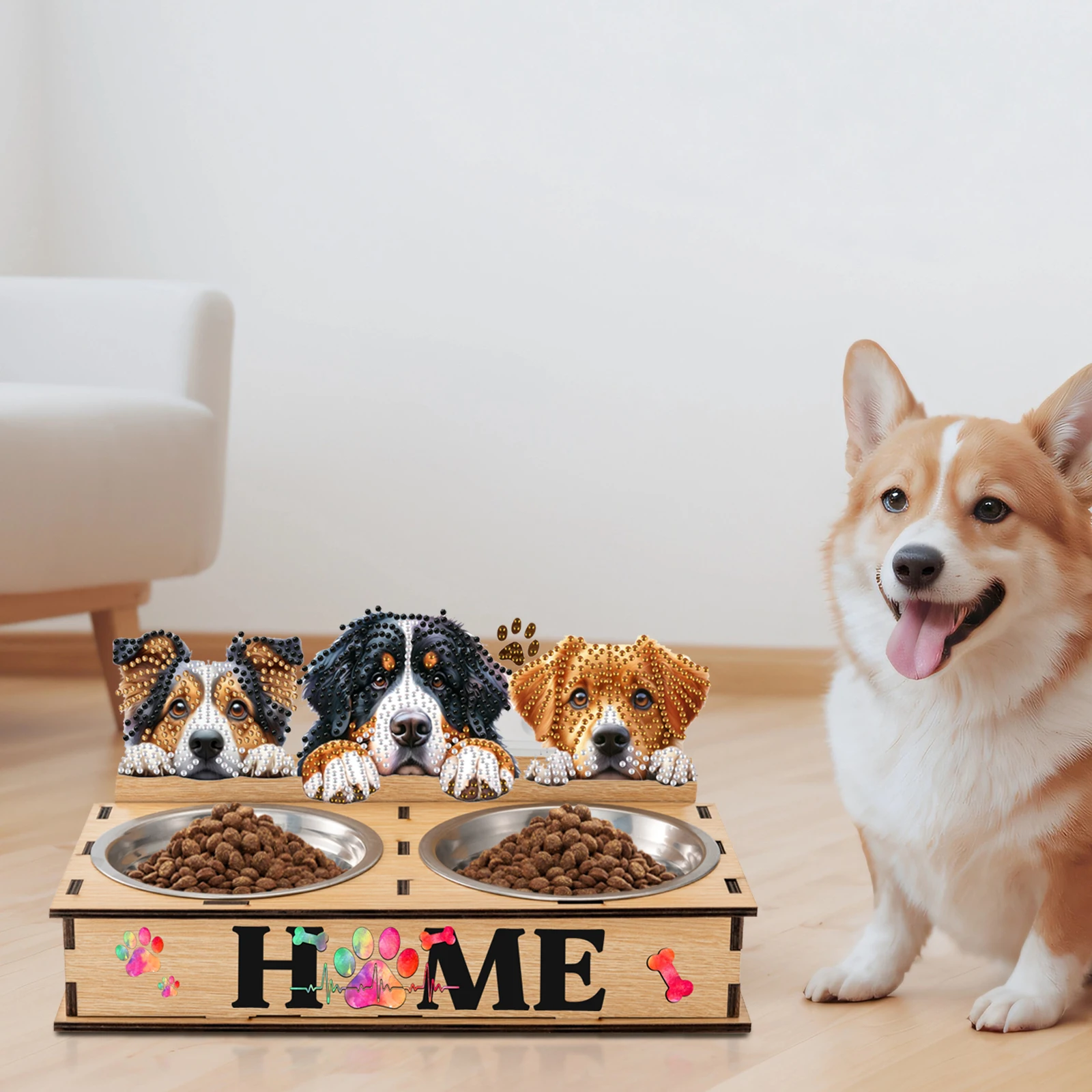 Pintura de diamante, cuenco para mascotas con soporte de madera, 5D, bricolaje, pintura de diamante, alimentador de agua, pintura de diamante artesanal, Kits de cuencos para perros y gatos