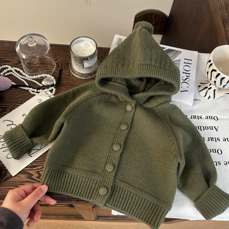 Korean Children's Clothing 2025 New Winter Girls Hooded Knitted Sweater Cardigan Fart Curtain Fleece Leggings Two-piece Set