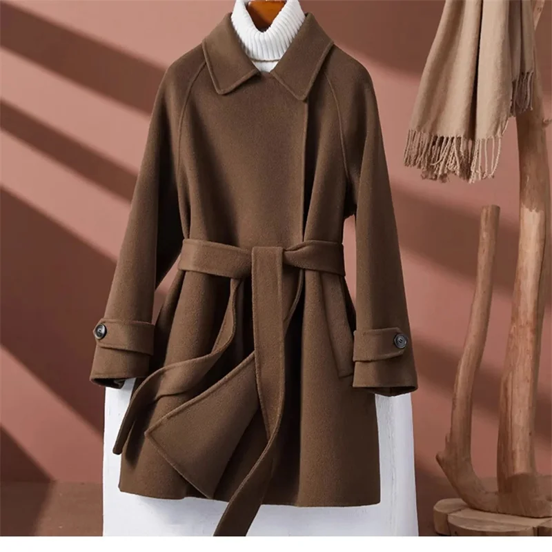 

2025 Femme средней длины, смешанная куртка, осень-зима, женская мода, двусторонний шерстяной топ, корейское женское шерстяное пальто большого размера 4XL