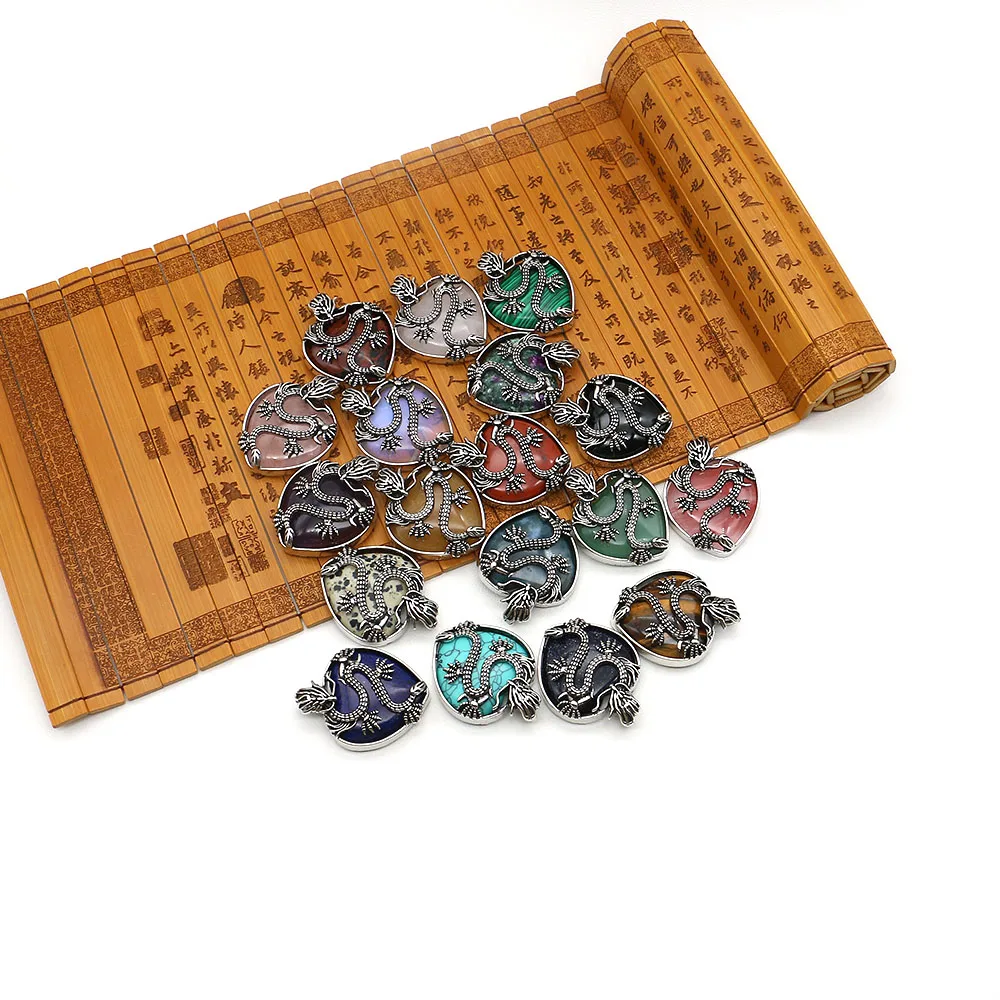 

Vintage Dragon Shape Man Necklace Pendants Inlaid Natural Crystal Agate Lapis Lazuli Charm for Jewelry Making DIY Neckalce Gifts