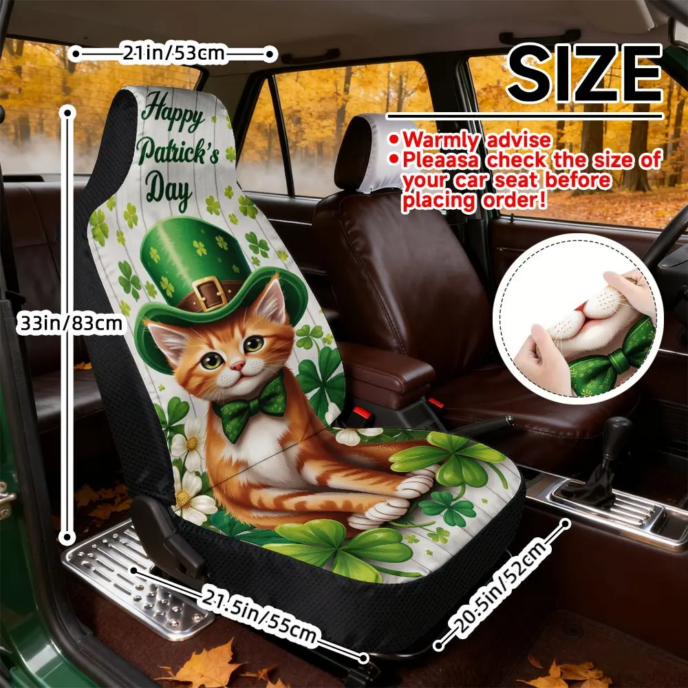 2D Flat Printing, 2pcs, Decorative St Patricks Cat Clover Charm Style Car Seat Covers, Washable Soft Fabric, Universal Fit Adds