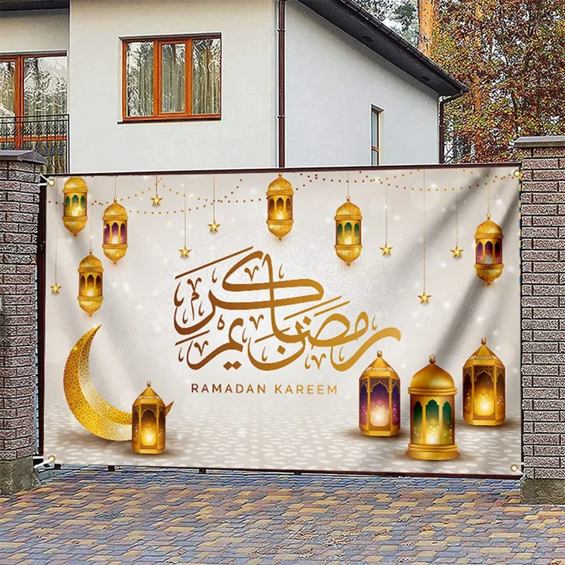 旗がぶら下がっているラマダンのお祭りの装飾、月の列のライト、休日のパーティー、180x110cm、b、1セット