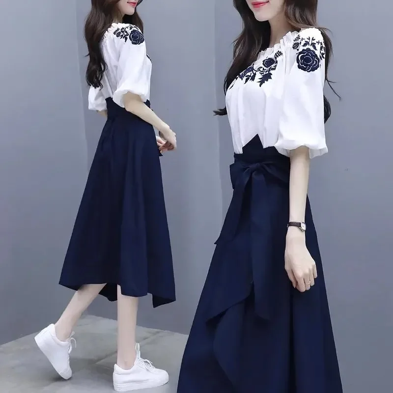 Women Embroidery Tshirts Short Sleeve White Tops + Elastic Waist Long Skirt Suit Summer Female 2 Piece Set