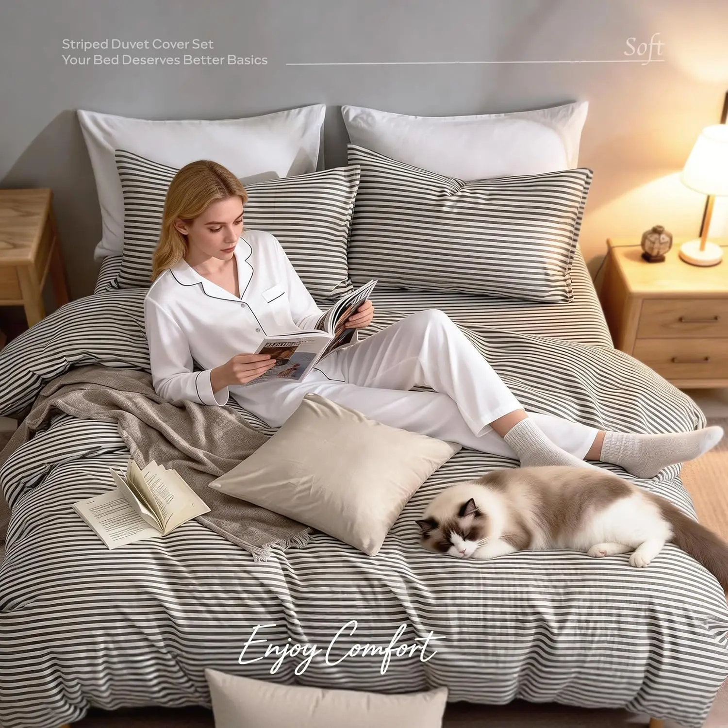 Set Copripiumino Queen 100% Cotone Naturale con Motivo a Righe, Cerniera e Lacci agli Angoli, Include Federe