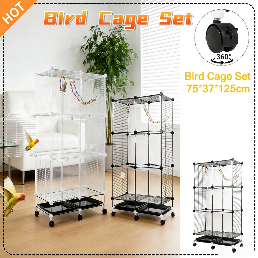 

Metal Parrot Cage with Rolling Stand 6 Wheels with Brake 360° Full Hollow Design Swing Ladder Tray Big Flight Bird House for Par