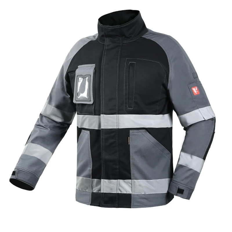 Work Jacket Men Reflective Stripes Black Gray Stitching Coveralls Outdoor CottonMulti-pockets Safety Wear-resistant Workwear