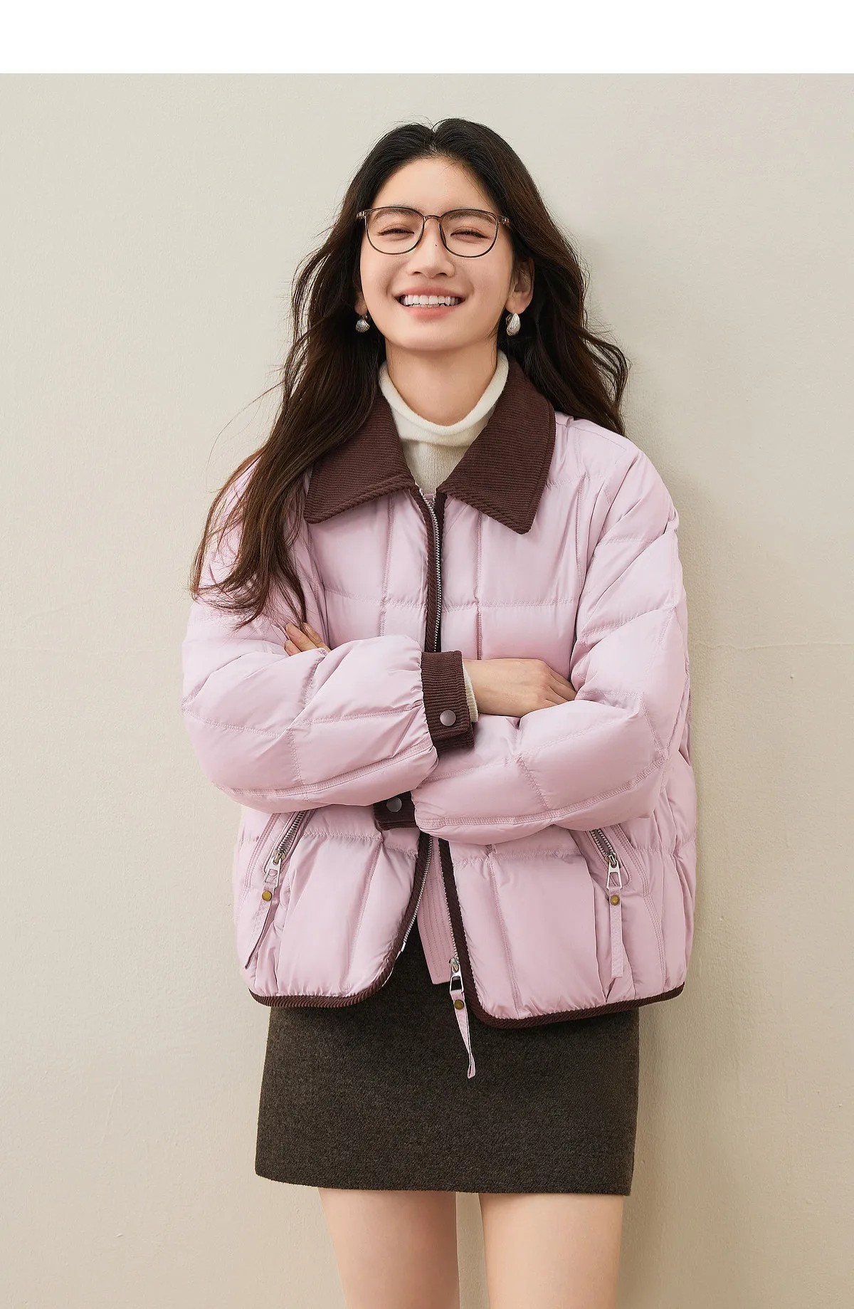 SENTUBILA 90% White Duck Down Jacket Women's 2026 Color Contrast Lapel Zip Pocket Coat Winter Loose Warm Outerwear W64YC7611