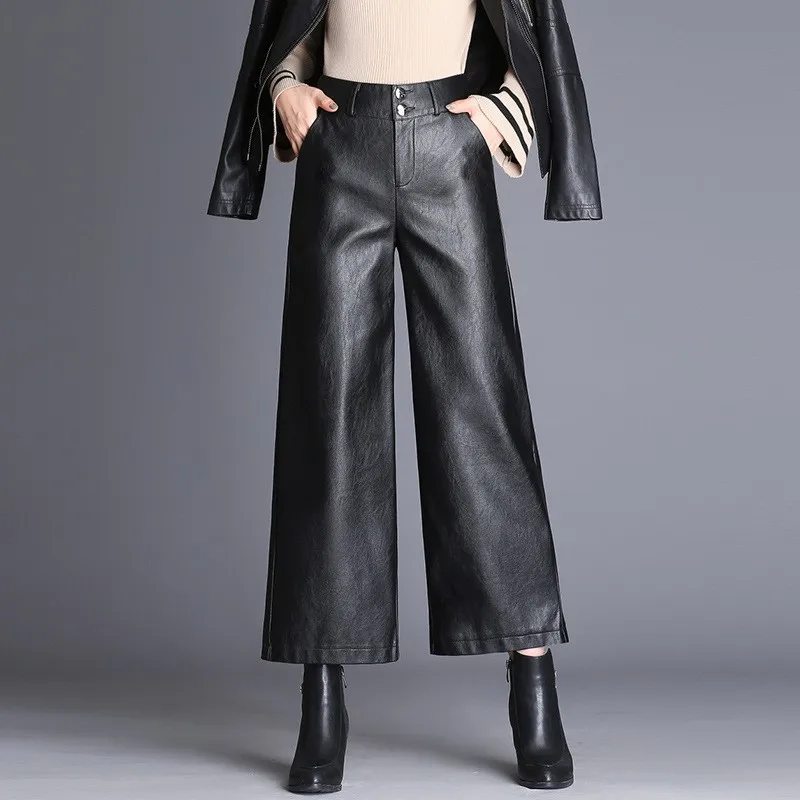 Autumn Winter South Korea Fashion Warm Long Pants Straight Elegant Leather Trousers Women Wide Leg PU Leather Pants