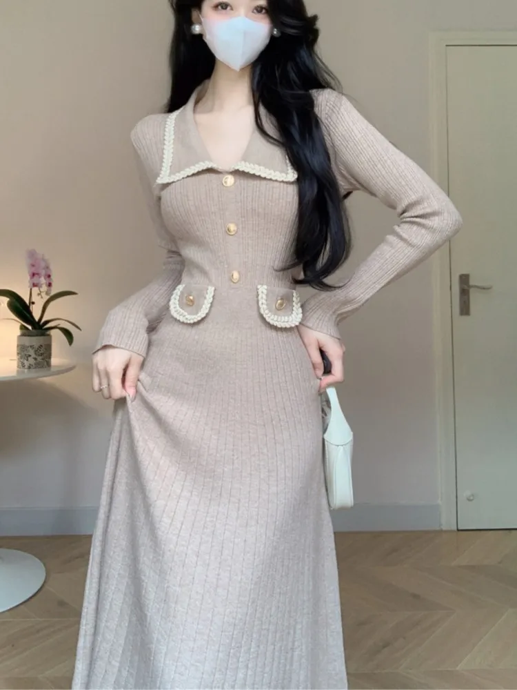 Autumn Winter Knitted Dresses for Women Turn-down Collar Korean Fashion A-line Casual Solid Dress Slim Vestidos Mujer 2024 New