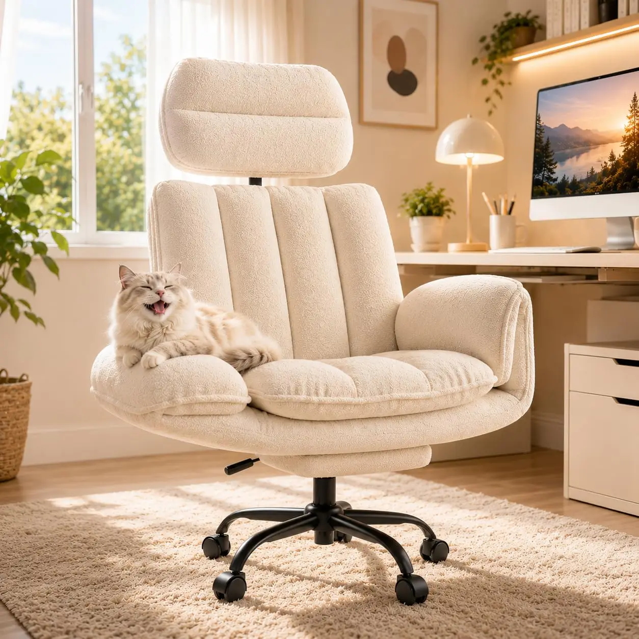 Criss Cross Office Chair With Armrests & Wheels, Teddy Fleece Vanity Chair, Ergonomic Gaming Chair With Foot Rest, Customized