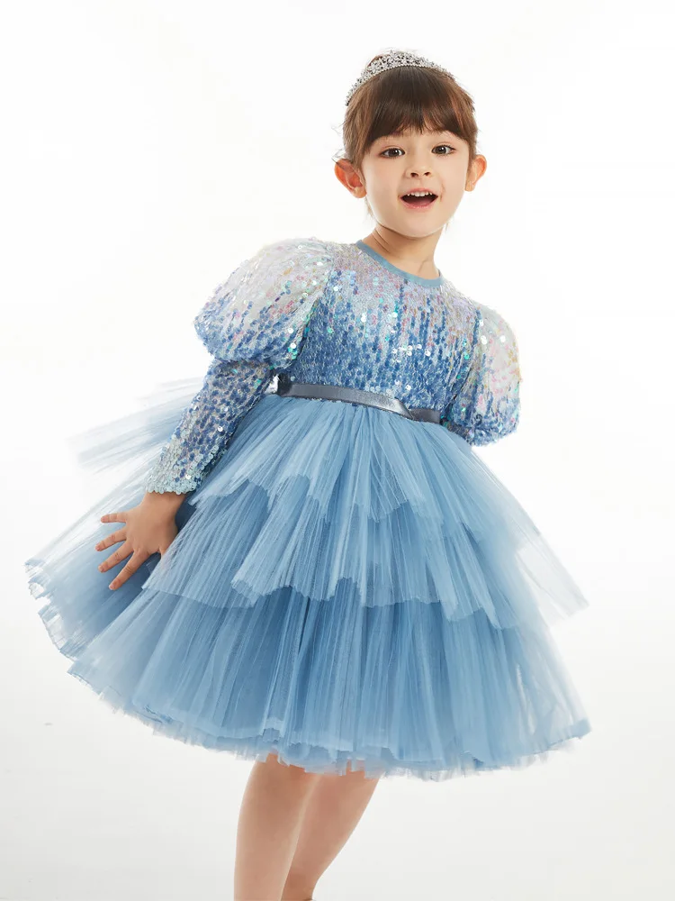 Children's Pageant ball gown Blue Sequin Puff Sleeve Girl's dress for Party Wedding Cute Mesh princess Cake dress Kids Dresses