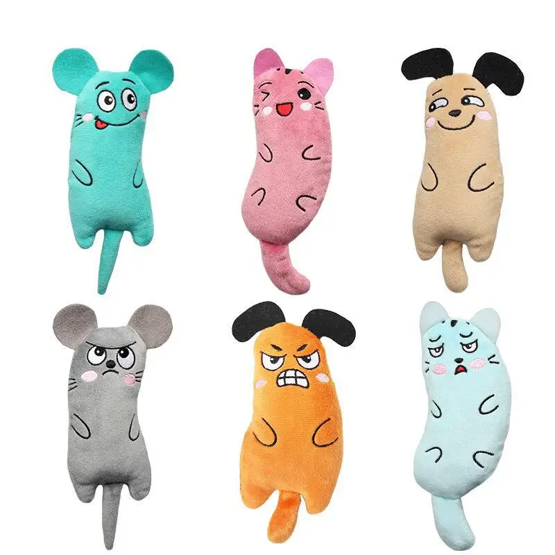 Cat Toy Pet Plush Embroidered Cat Mint Toy Animal Expression Ears and Tail Durable Bite Grinding Teeth Playing Cat Toy