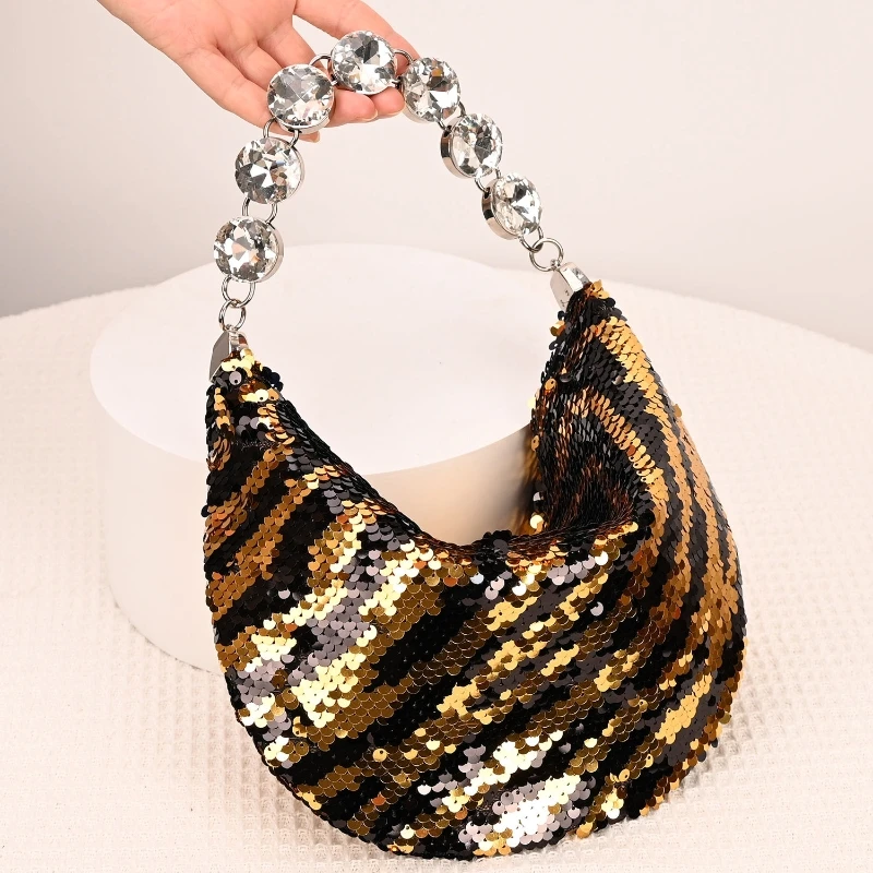 

Fashionable Shiny Sequins Half Moon Bag Luxury Design Rhinestones Evening Clutch Party Bag for Women Diamond Chain Underarm Bag
