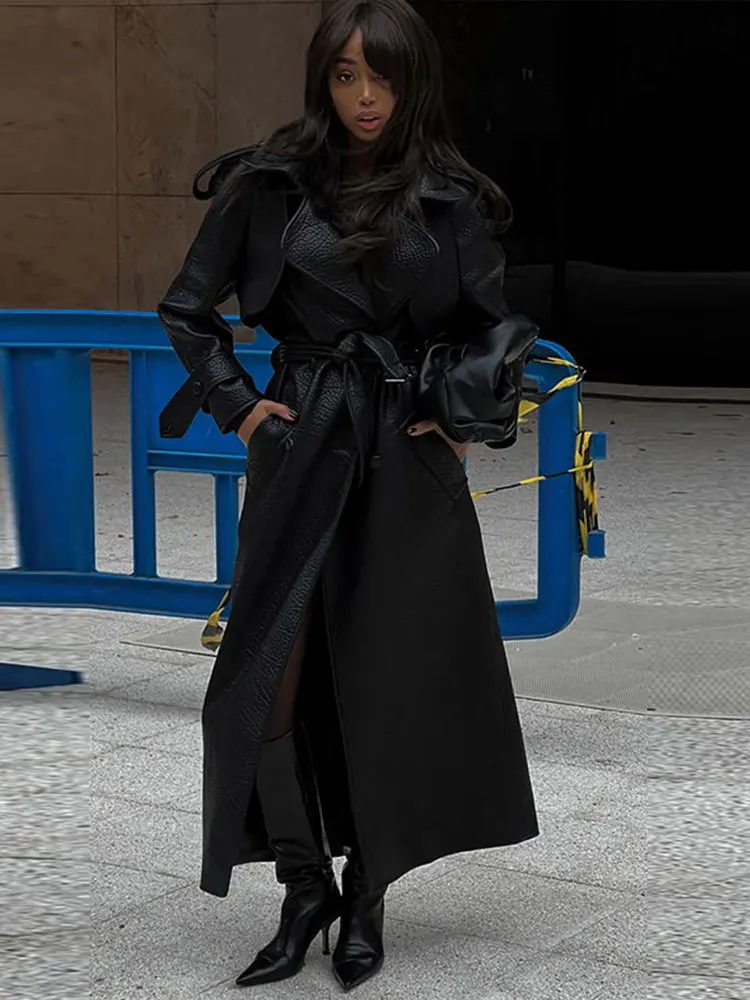 เสื้อโค้ทหนังคอปกเว้าทรงยาว แขนยาว แฟชั่นฤดูใบไม้ร่วง 2025 สไตล์เท่ห์  สำหรับผู้หญิง  เสื้อแจ็คเก็ตผู้หญิงสุดชิคและสง่างาม