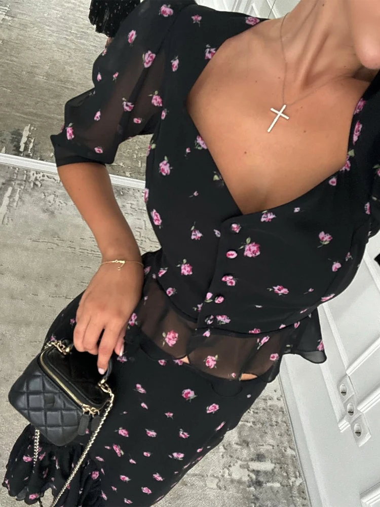

Women Puff Sleeve Floral Print Dress Peplum Waist Elegant V Neck Long Maxi Dresses Summer New Lady Evening Party Outfit 2026