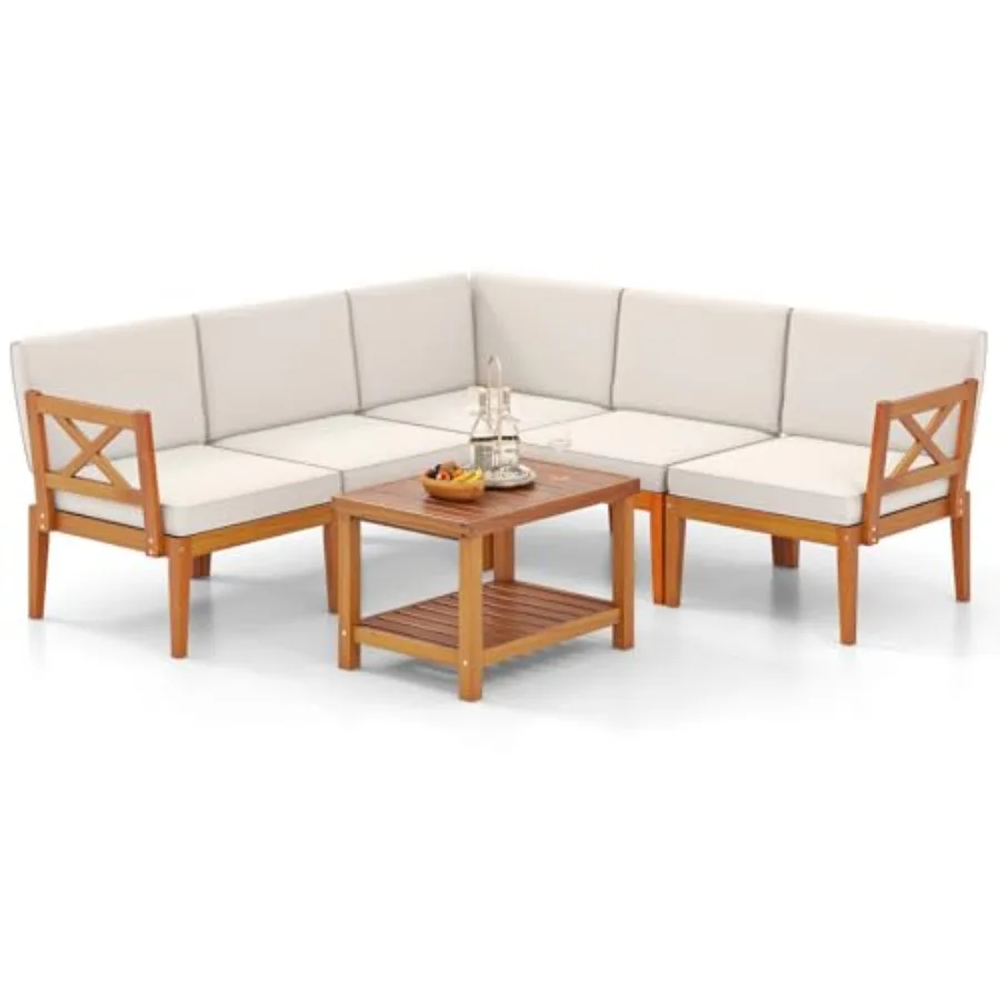 

6 Pieces Acacia Wood Patio Furniture Set Outdoor L Shaped Corner Sofa with Cushions and 2-Tier Coffee Table in Brown f