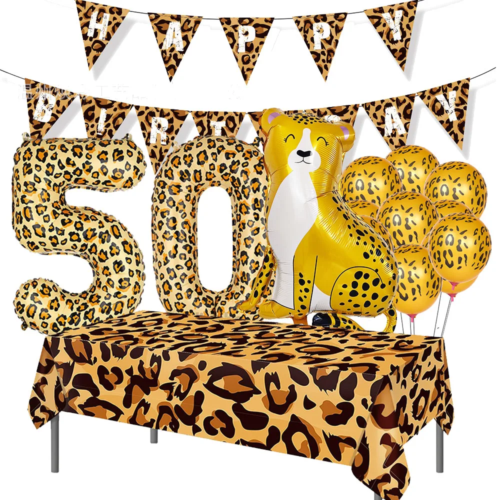 16th 18th 50th Leopard Birthday Party Balloons Banner Disposable Tablecloth Safari Kids 30th 40th 60th Birthday Party Supplies