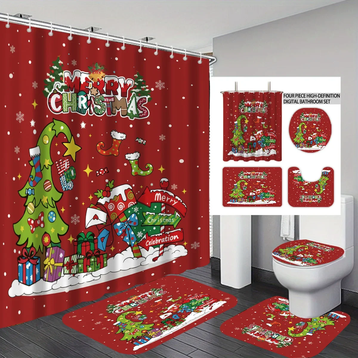 Christmas Shower Curtain Waterproof Quick Dry Cute Xmas Character Print Bathroom Curtain, New Year Home Decor with 12 Plastic Ho