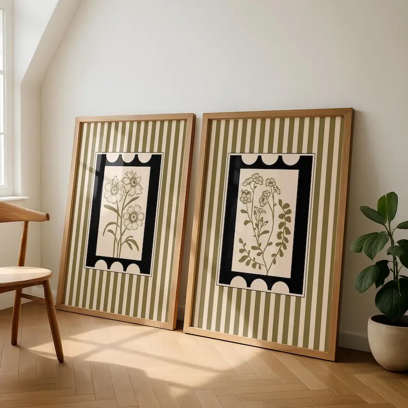 2pcs/set Bohemian Style Plant Art Canvas Prints Minimalist Striped Cottagecore Flower Wall Art Posters for Modern Home Decor