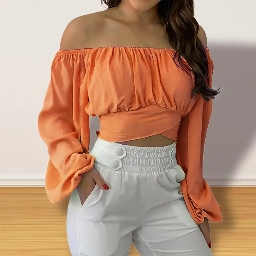 Puff Hülse Blume Drucken Kreuz Strap Crop Tops Frauen Casual Bluse Off Schulter Langarm Shirts Cocktail Party Club Tragen