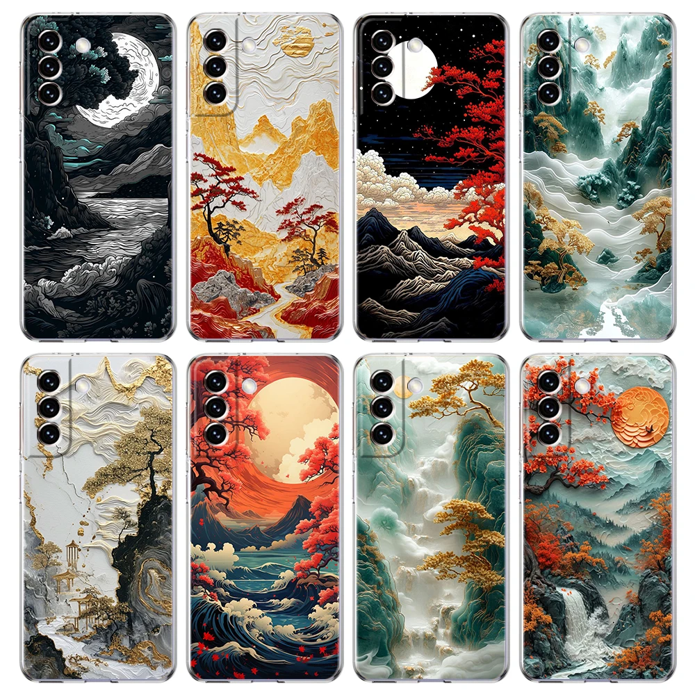 Capa de telefone de pintura paisagem, concha transparente para Samsung Galaxy S23, S20 FE, S22, S21 Ultra, M21, M22, M32, S10, S10E, S9, S8 Plus, 5G