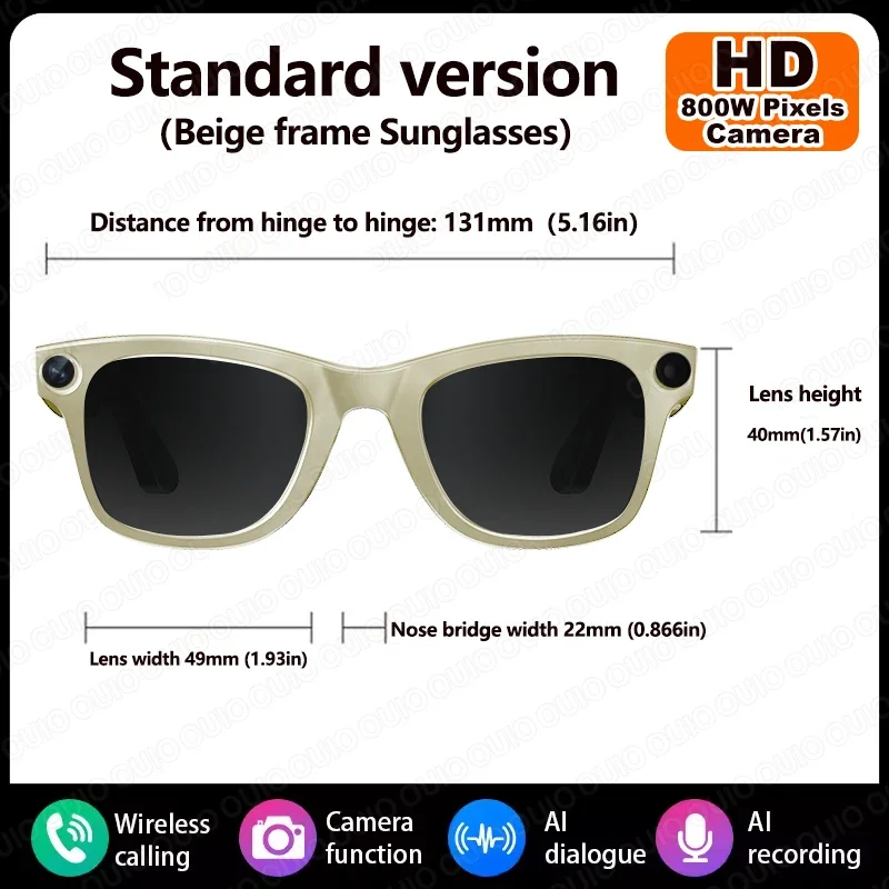 1080P HD 800W Camera Smart Glasses Video Record Translation AI Smart Touch Control Type-C Interface Smart Glasses Bluetooth Call