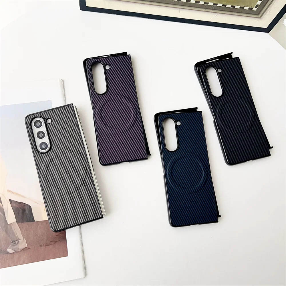Luxury Business Sle Carbon Fiber Leather Phone Case for Samsung Galaxy Z Fold 7 6 5 4 3 Magsafe Magnetic Wireless Charging Cover