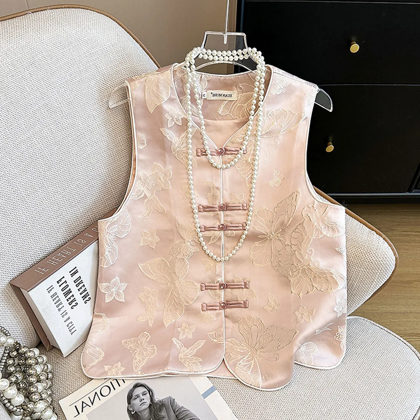 

Retro Chinese Sle Floral Embroidery Pink Vest Women's Outerwear Spring Season Stand Fit round Ne Button up Top