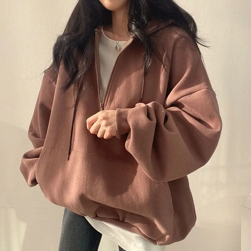 

Retro Hoodies Women Harajuku Baggy Streetwear Hooded Solid Minimalist Couple College Pockets Design Autumn Casual Clothing Ins