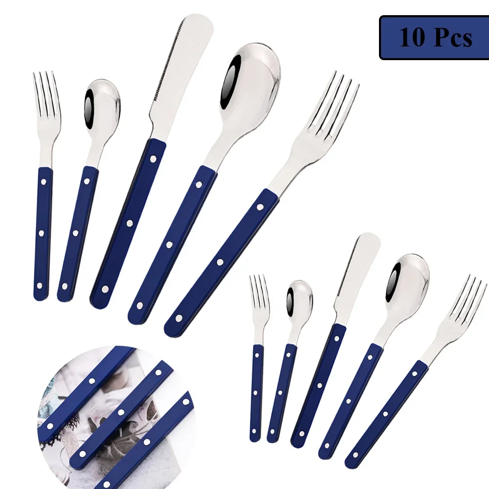 Juego de Cubiertos de Acero Inoxidable con Mango de Plástico, 10 Piezas, Juego de Cubiertos de Espejo, Juego de Cubiertos Occidentales, Cuchillo, Tenedor, Cuchara
