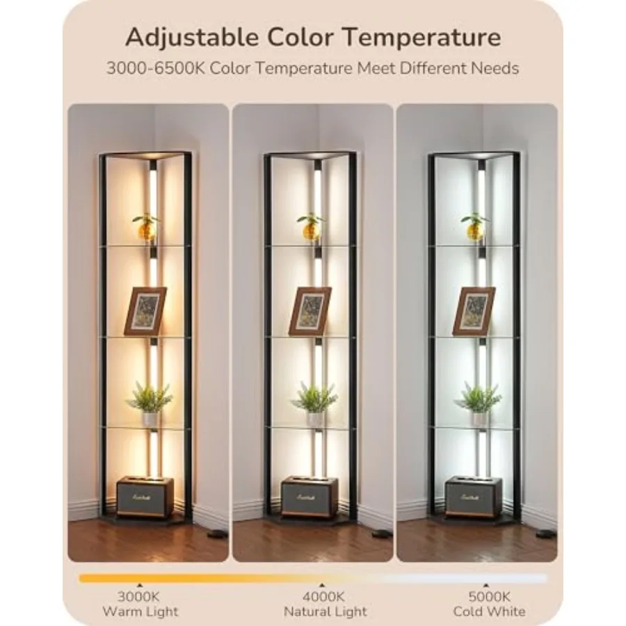Floor Lamp with Shelves, 5-Tier Glass Display Shelf with Remote/Foot Control, 5CCT and Dimmable Corner Shelf Lamp, Open Display