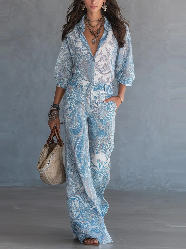 

Women's Boho Paisley Print Two-Piece Set Turndown Collar Long Sleeve Blouse Top Wide Leg Pants Casual Loose Suit for Vacation