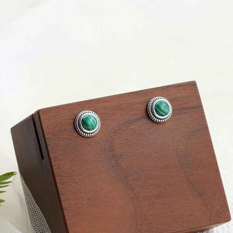 Authentic 925 Sterling Silver Earring Inlaid Natural Malachite Retro National Style Antique Silver Lady Earring Jewelry Gift