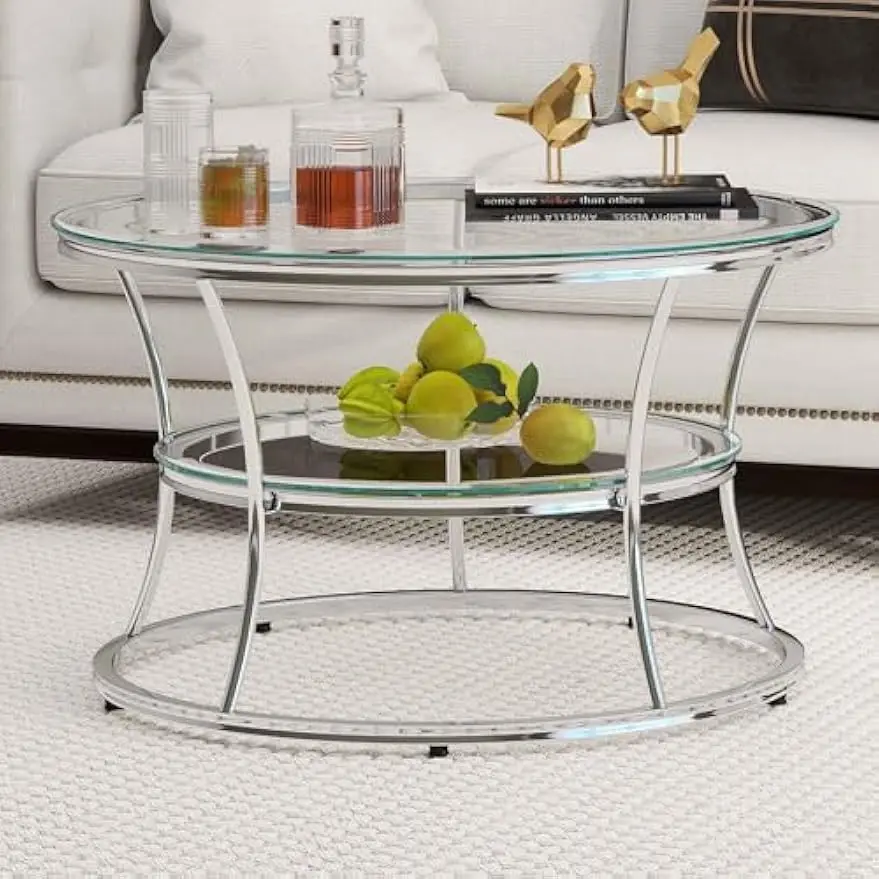 طاولة قهوة زجاجية، طاولة غرفة معيشة حديثة من طبقتين مع رف، إطار من الزجاج المقسى والكروم، طاولة مركزية فضية لغرفة المعيشة #3