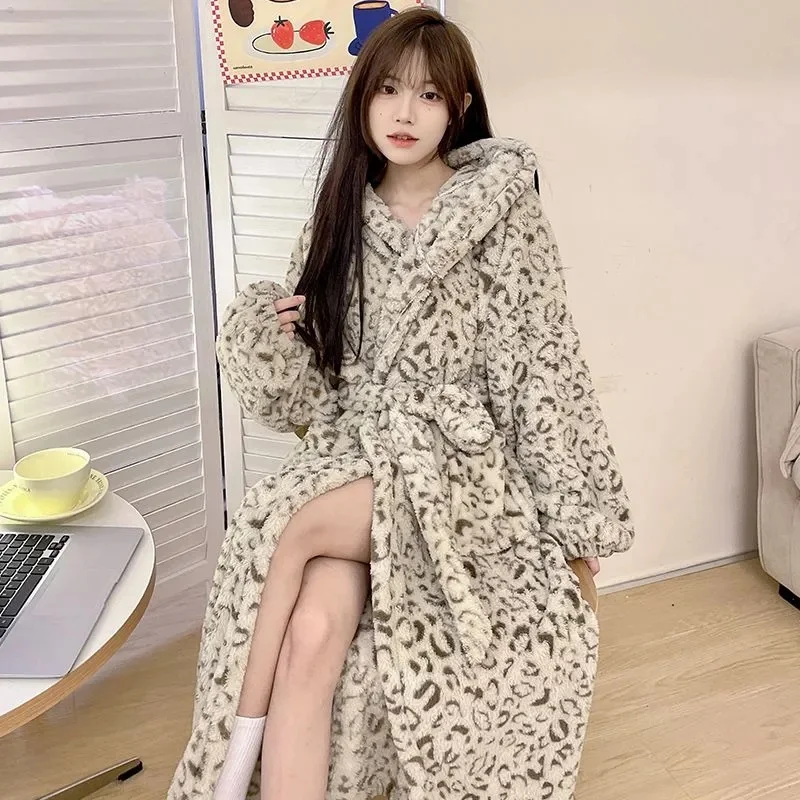 Coral Fleece Sexy Nightgown Women New Autumn and Winter Hooded Leopard Print Pajamas Home Wear Long Sleeved Thick Warm Bathrobe