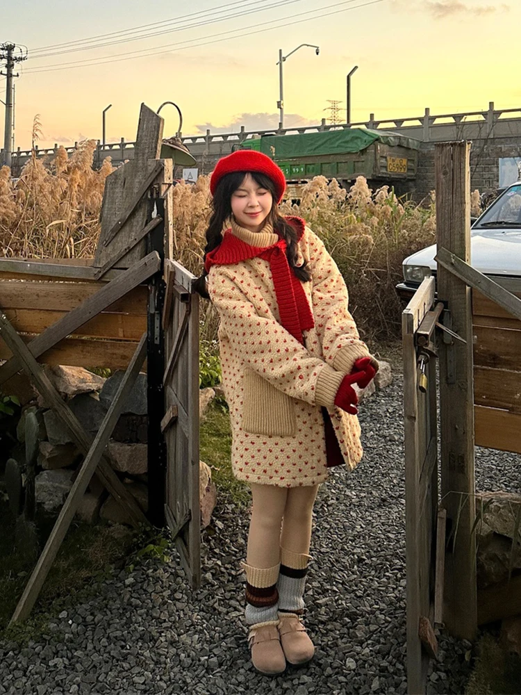

Korean Style Lamb Fur Jacket Women's Loose Fit Mid-Length Polka Dot Coat Winter Slimming Cotton Outerwear Commute Style