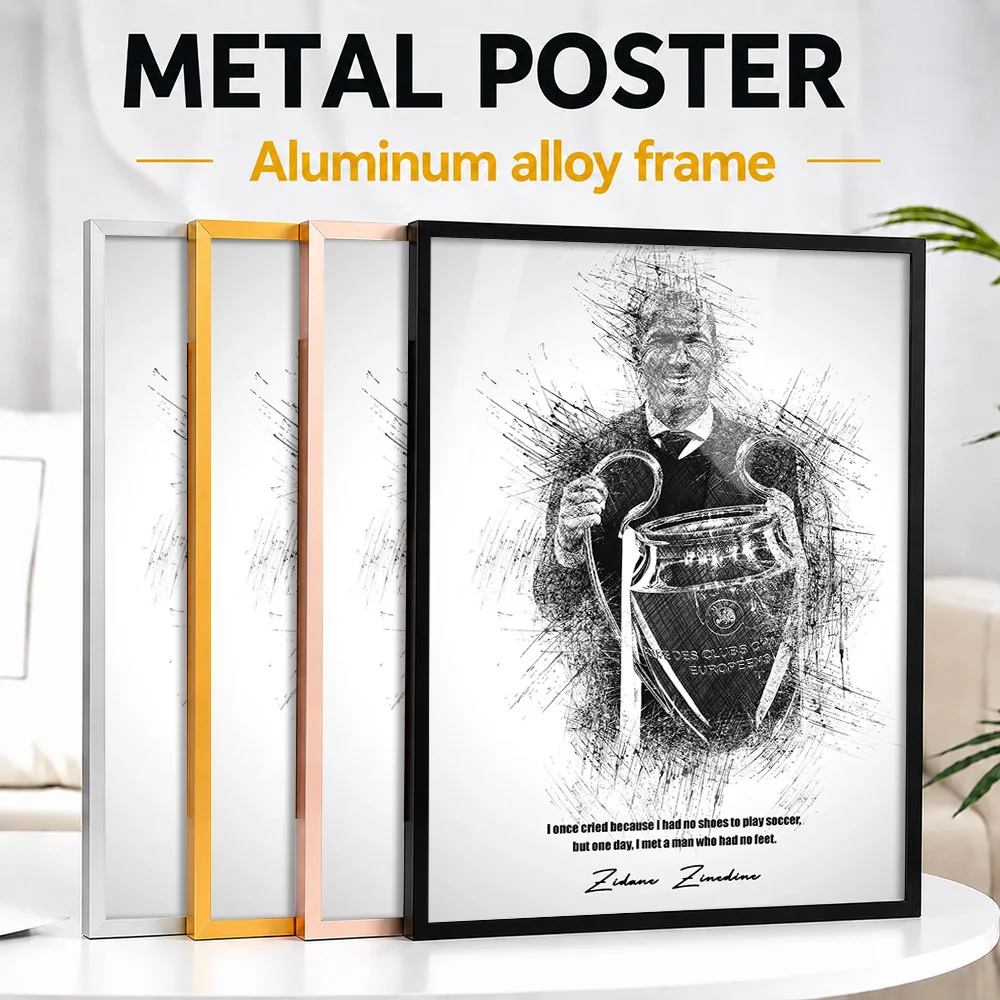 Zinedine Zidane Trophy Portrait Framed Metal Poster Customized Sketch Drawing Wall Art For Sports Bar, Soccer Enthusiast Gift