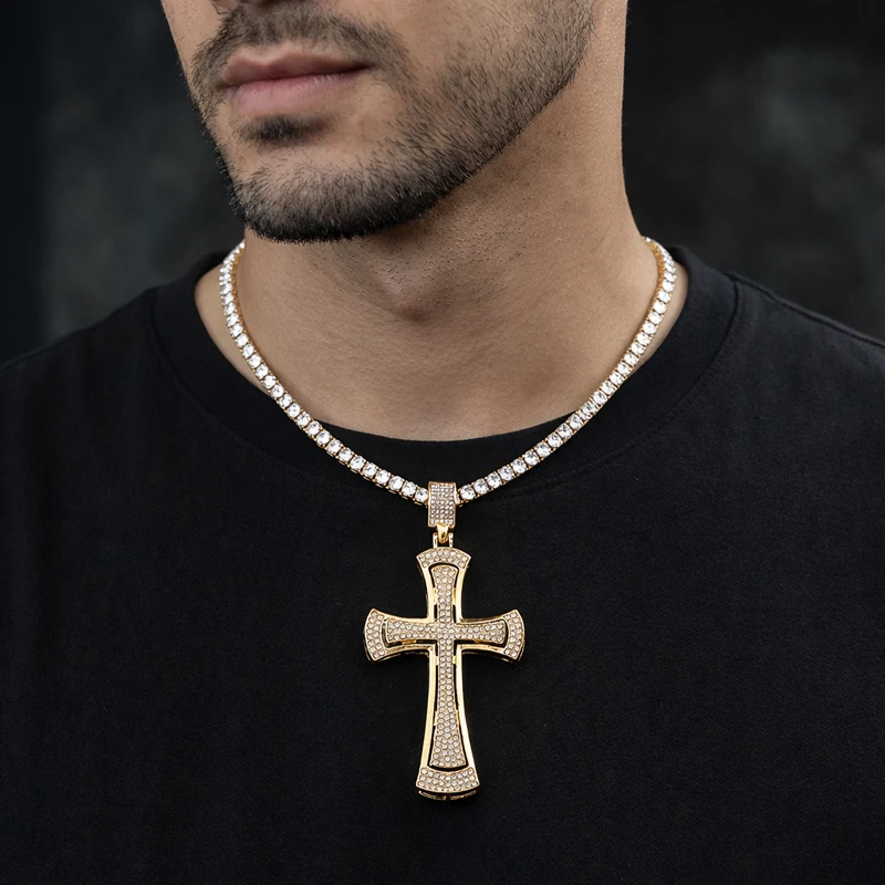 Men Women Hip Hop Large Rhinestone Cross Pendant Necklace With 4mm Tennis Chain Iced Out HipHop Necklaces Jewelry Fashion Gift