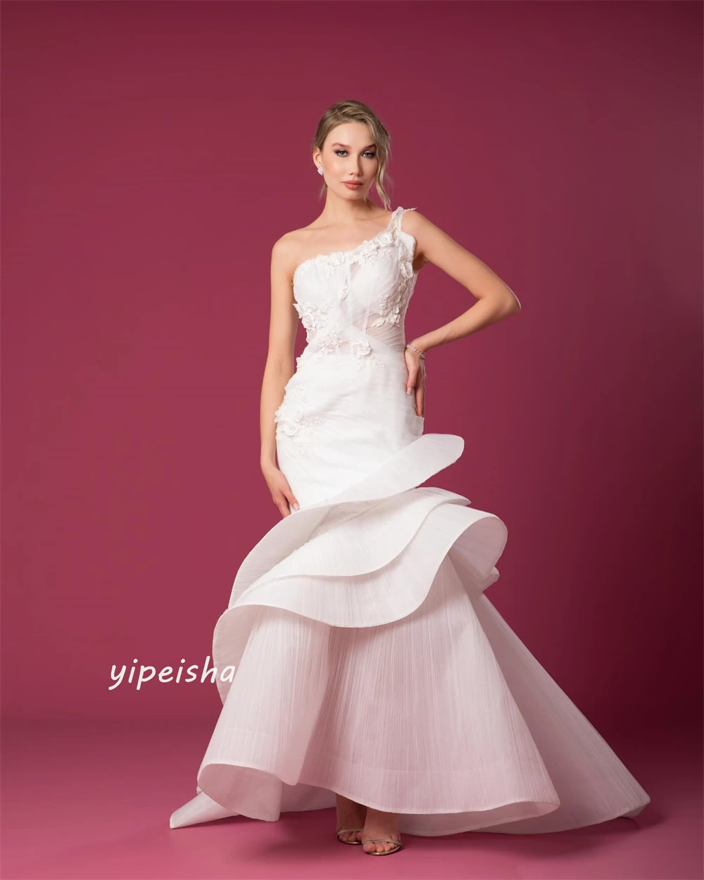 Customized Jersey Applique Pleat Draped Formal Evening A-line One-shoulder Bespoke Occasion Gown Long Dresses