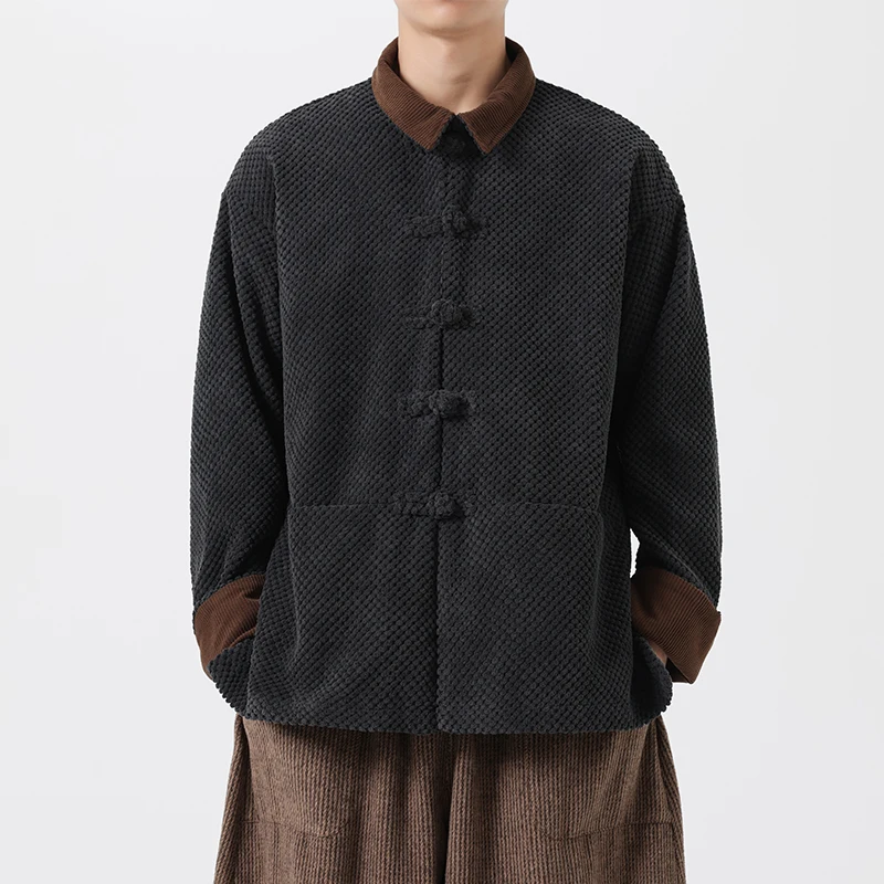 

Мужская куртка в стиле ретро с вельветовыми вставками и пуговицами, модная осенняя верхняя одежда для молодежного повседневного образа