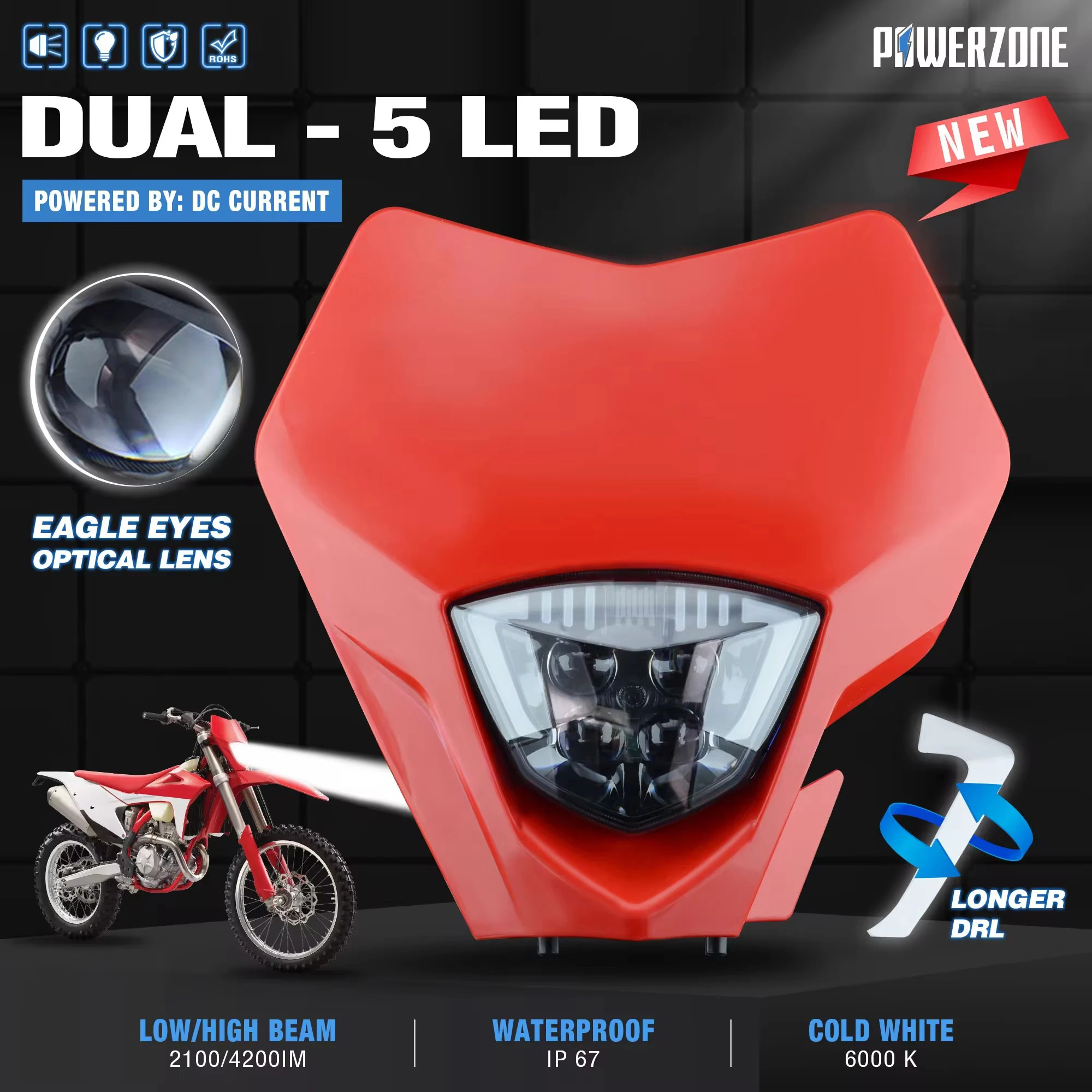 PowerZone Motorcycle  Headlight Headlamp Supermoto Fairing For GASGAGS  For Husqvarna  EC MC Universal Light