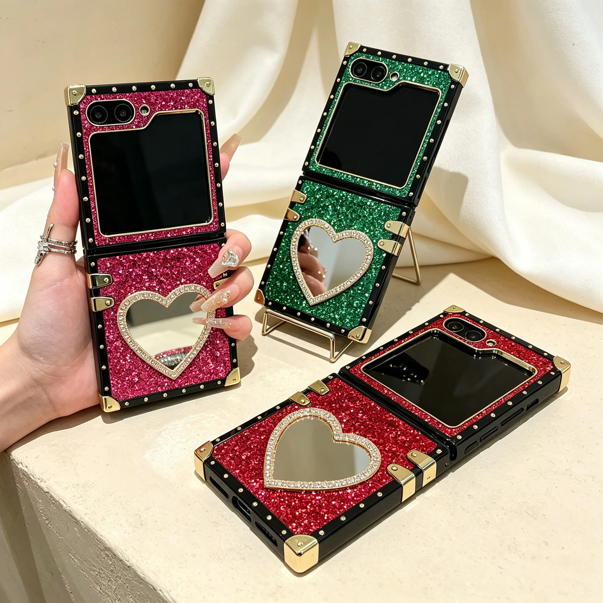 Sparkling Golden Faux Rhinestone Mirror Square Phone Case for Samsung Galaxy Z Flip 8 6 5 4 3 Flip7 FE Colorful Shell