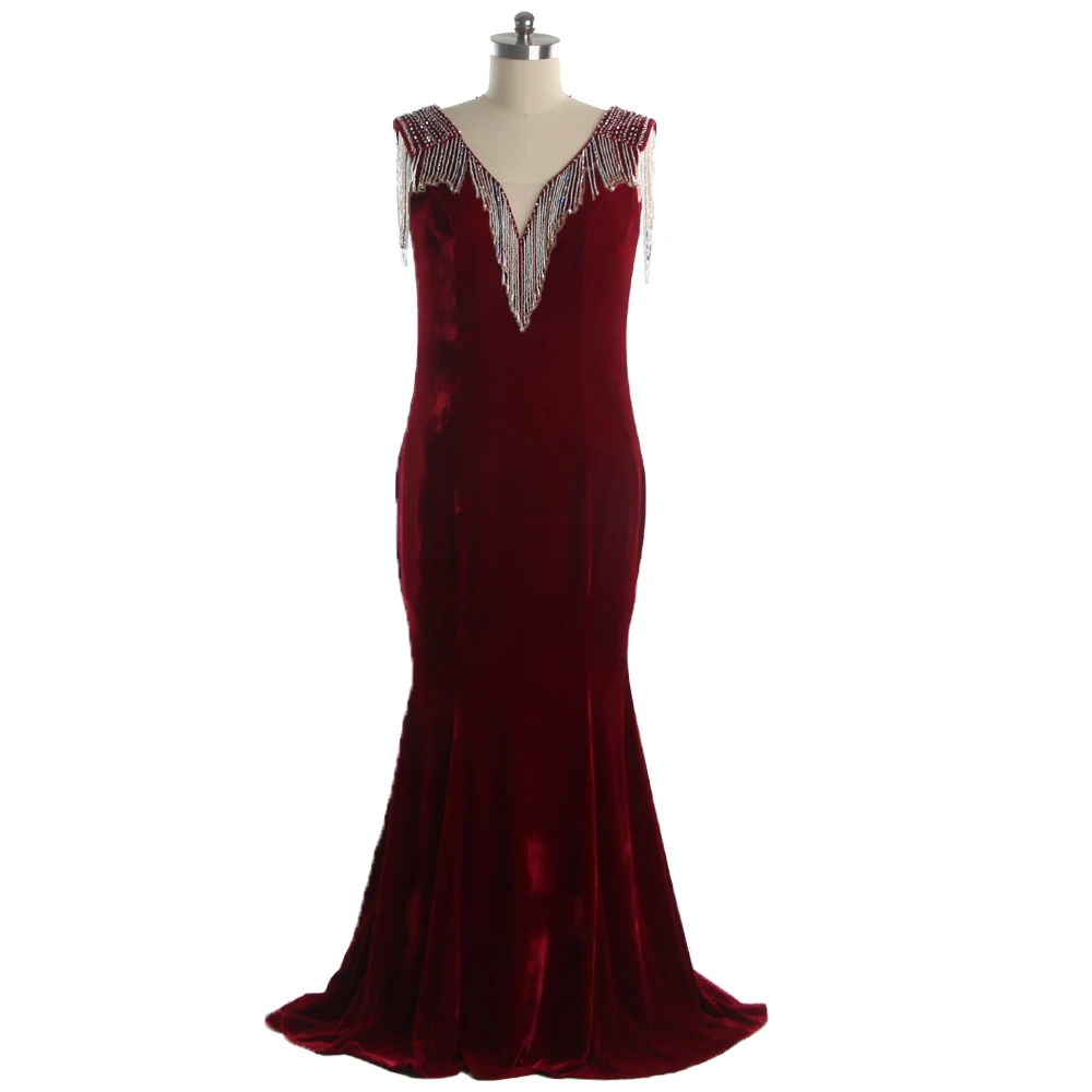 

Evening Dresses Burgundy Velour Beading Tassel Quality V-neck Sleeveless Mermaid Trumpet Floor Length Party Dress Plus size C808